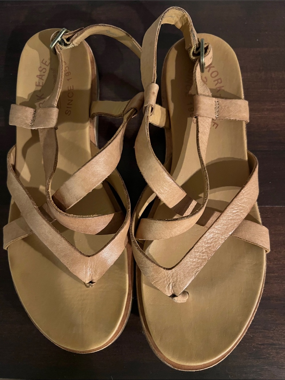 Kork-Ease Women's Tan Leather Strappy thong Sandals with Buckle